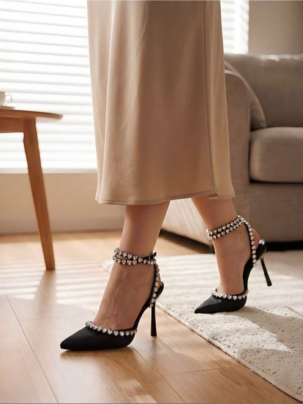Satin Crystal-Embellished Pointed-Toe Heels